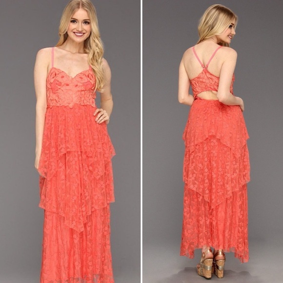 Free People Dresses & Skirts - Free People Coral Flower Embroidered Tiered Lace Open Back Maxi Dress - 4